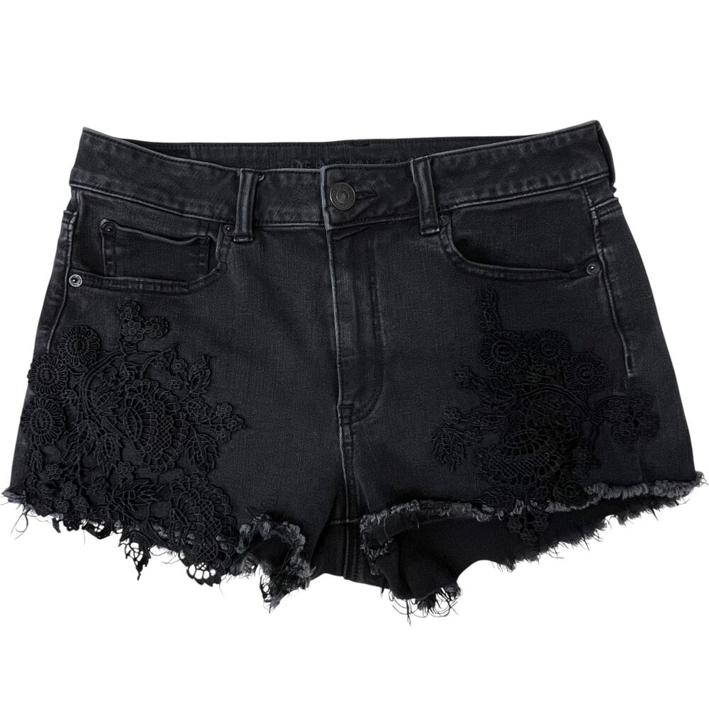 American Eagle Womens 10 Black Denim Shorts Floral Lace Raw Hem Shortie Stretch